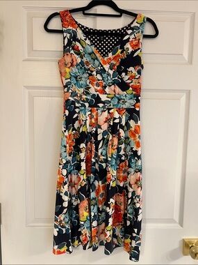 Lands' End Navy Floral V-Neck Fit and Flare Dress XXS